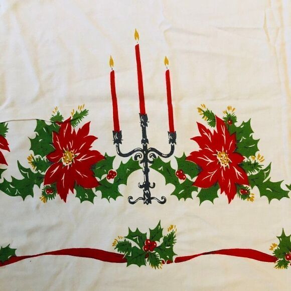 Vintage Christmas Tablecloth Poinsettias Rectangle - Picture 3 of 3